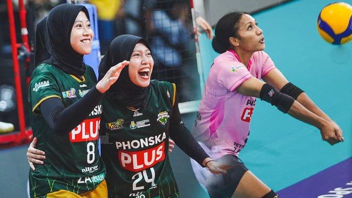 TIMNAS VOLI INDONESIA -  Pemain voli Gresik Petrokimia Pupuk Indonesia Megawati Hangestri Pertiwi bersama Arneta Putri (KIRI). Mediol Yoku (KIRI) juga pemain Gresik Petrokimia saat bertarung di ajang Final Four Proliga 2025. Kini ketiga pemain tersebut dipanggil Timnas voli putri Indonesia akan berjuang di ajang  AVC Volleyball Nation Cup 2025 dan SEA V League 2025 sesuai rilis PBVSI, Kamis (15/5/2025).