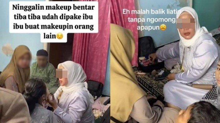 Emak-emak baju putih pakai alat make up MUA pengantin tanpa izin 22