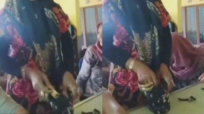 Emak-emak pakai gelang emas serenteng saat antre ambil bansos.