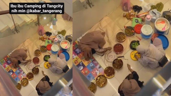 Emak-emak pinknik di mal gelar tikar dan bawa lauk pauk