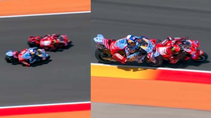 Insiden antara Francesco Bagnaia (Ducati Lenovo) dan Alex Marquez (Gresini Racing) di Tikungan 13 di Lap 18 MotoGP Aragon 2024, Minggu (1/9/2024).