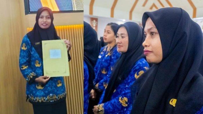 GURU SUPRIYANI : Kolase foto guru Supriyani memperlihatkan SK pengangkatan sebagai ASN PPPK (kiri) dan momen Supriyani bersama 650 ASN lainnya saat menerima SK Pengangkatan PPPK yang diberikan Bupati Irham Kalenggo, di Konawe Selatan Sulawesi Tenggara, Senin (19/5/2025). Supriyani menerima SK Pengangkatan PPPK setelah 16 tahun mengabdi sebagai guru honorer di Sekolah Dasar Negeri 04 Baito Konsel.