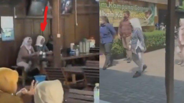 Iriana Jokowi mengenakan kemeja garis hitam putih saat berkunjung makan di warung