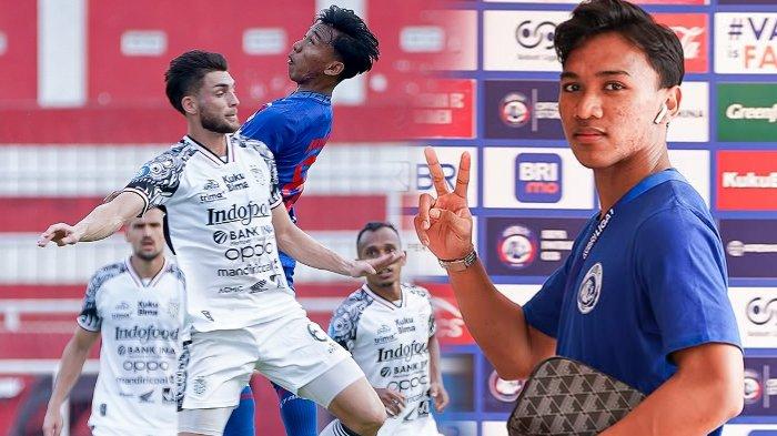 KEMENANGAN AREMA FC - Pemain gelandang Arema FC, Arkhan Fikri (KIRI) saat beradu dengan pemain Bali United dalam pertandingan pekan ke-21 Liga 1 2024-2025 antara Arema FC Vs Bali United, Senin (3/2/2025) di Stadion Soepriadi, Blitar. Arkhan Fikri (KANAN) pose sebelum pertandingan.