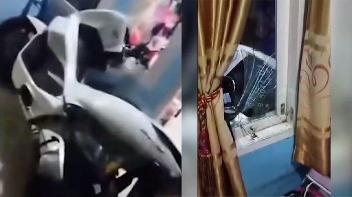 Kaca jendela pecah tertimpa motor setelah ditendang driver ojol
