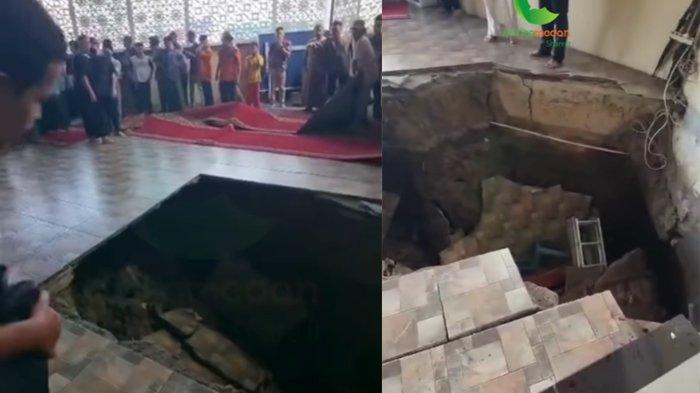 Kondisi lantai masjid ambles di Medan saat warga sedang salat Jumat berjamaah