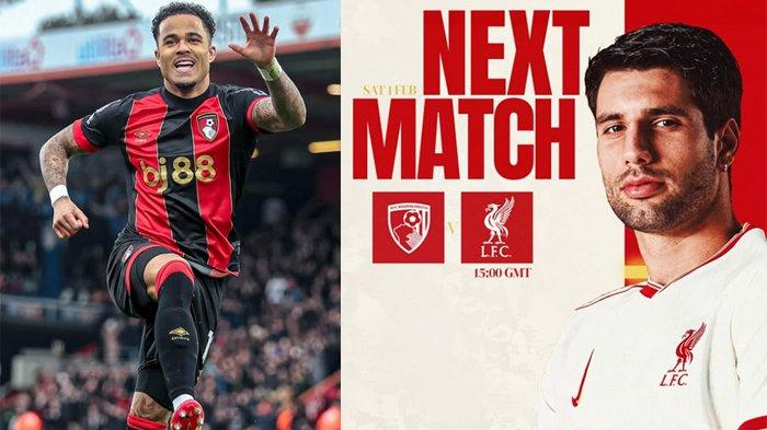 LIGA INGGRIS - Poster pertandingan Bournemouth vs Liverpool (KANAN) Liga Inggris pekan 24 Sabtu (1/2/2025) dirilis oleh akun resmi @liverpoolfc. Justin Kluivert (KIRI) pemain Bournemouth melakukan selebrasi setelah mencetak gol ke gawang Nottingham Forest Sabtu, (25/1/25).