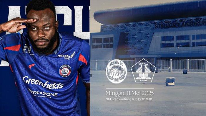 LAGA AREMA FC - Pemain Arema FC Charles Lokolingoy (KIRI). Poster pertandingan Arema FC Vs Persik Kediri perdana berlaga di Stadion Kanjuruhan Malang pada pekan ke-32 Liga 1 2024-2025 hari Minggu (11/5/2025).