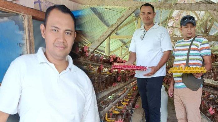 M Sahroni Spt, Kades Mendalanwangi, Kecamatan Wagir Malang (baju putih) berada di kandang ayamnya, yang bikin dirinya bangga karena bisa membuka lapangan pekerjaan bagi warganya, Sabtu (18/1/2025)