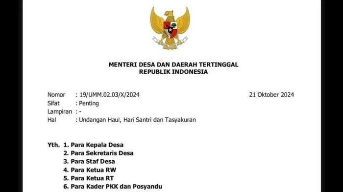 Mendes PDT Pakai Kop Kementerian untuk Acara Haul Emak
