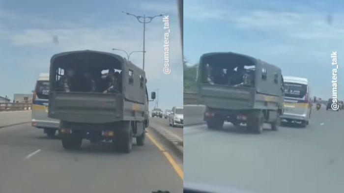Minibus tampak mengadang truk rombongan TNI
