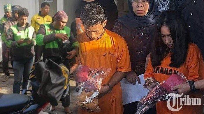 OJOL KIRIM MAYAT BAYI - Seorang pengemudi ojek online (ojol) di Kota Medan (KIRI) menerima paket berisi jenazah bayi laki-laki, Kamis (8/5/2025). Paket dikirimkan oleh sepasang laki-laki dan perempuan. Tampang kedua pelaku (KANAN) dihadirkan saat gelar kasus pembuangan jasad bayi di Jalan Ampera III, Medan, Jumat (9/5/2025).