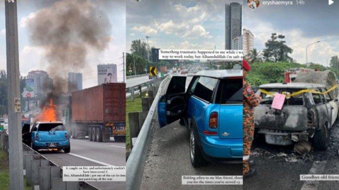 Mobil artis hangus terbakar saat dikendarai (Kolase Instagram Story)