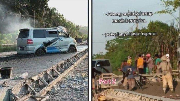 Mobil terjebak di tengah jalan cor yang masih basah (kiri), pekerja cuek lanjut ngecor (kanan)
