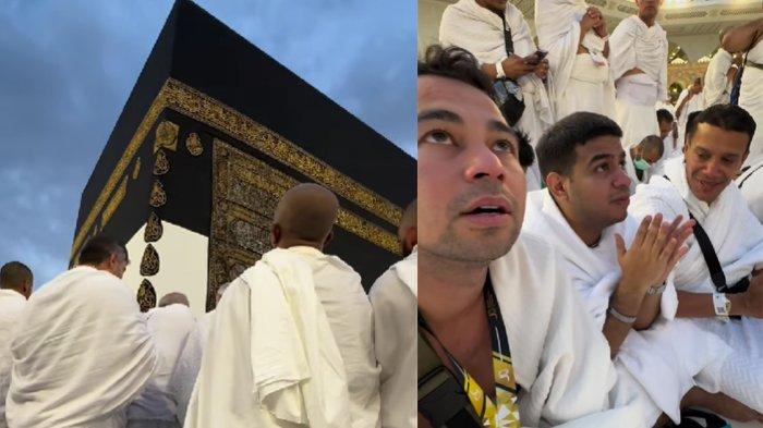 Momen Raffi Ahmad berdoa di depan kakbah sambil merekam dirinya dan rombongan