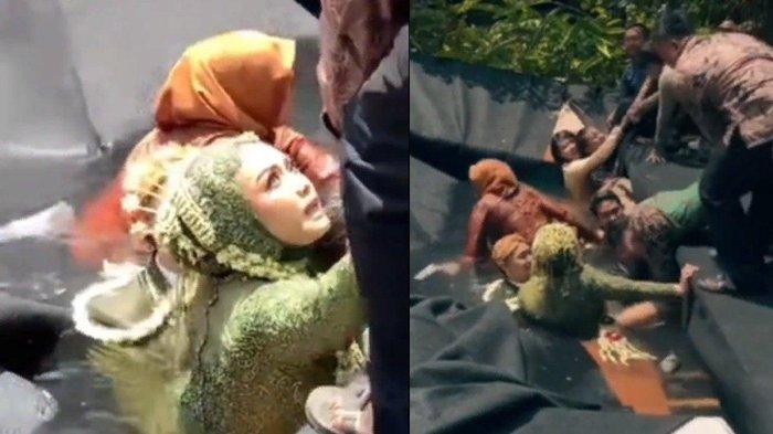 Momen lucu pengantin jatuh ke dalam kolam saat hendak foto bersama.