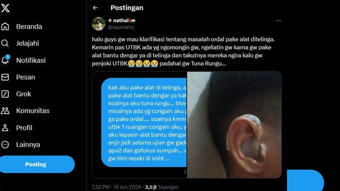 Naufal peserta SNBT yang tunarungu menulis cuitannya di X tentang Alat Bantu Dengar