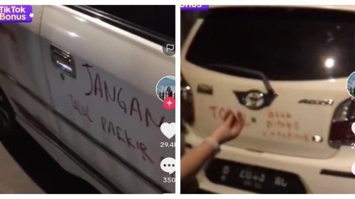 Perempuan mencoret bagian bodi mobil menggunakan lipstik diunggah Tik Tok @yunisartika1