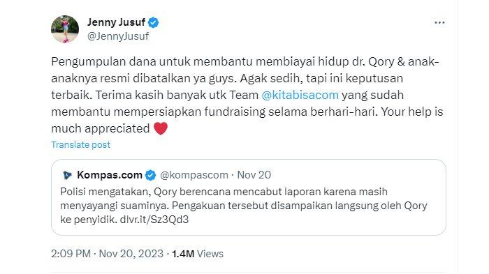 Postingan Jenny Jusuf soal penggalangan dana donasi untuk dokter Qory dibatalkan