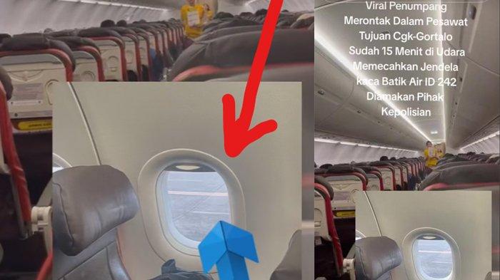 Postingan yang beredar menunjukkan kondisi kaca pesawat yang dipecahkan penumpang