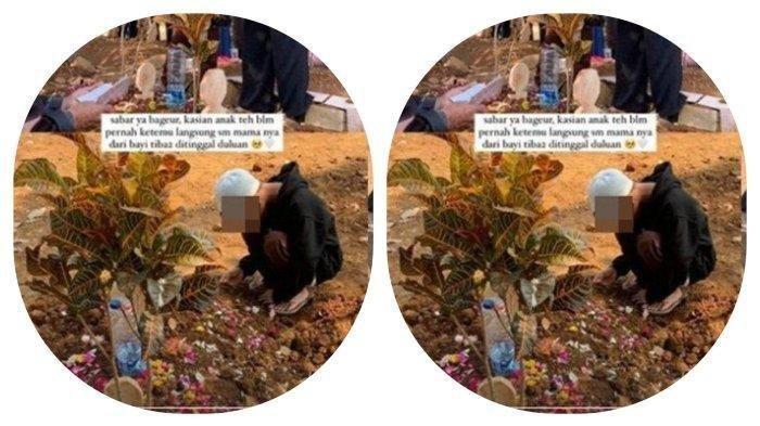 Potret anak Andini korban penganiayaan tertunduk di makam sang ibunda