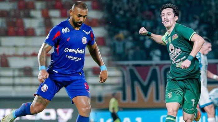 DERBY JATIM - Pemain Arema FC, Dalberto (KIRI) beraksi di Stadion Kapten I Wayan Dipta melawan Madura United Kamis (24/4/2025). Aksi pemain Persebaya, Francisco Rivera (KANAN) merayakan kemenangan di Gelora Bung Tomo Stadium melawan PSIS Semarang (12/3/2025). Kini Arema FC Vs Persebaya akan bertemu di pekan ke-30 Liga 1 2024-2025, Senin (28/4/2025).
