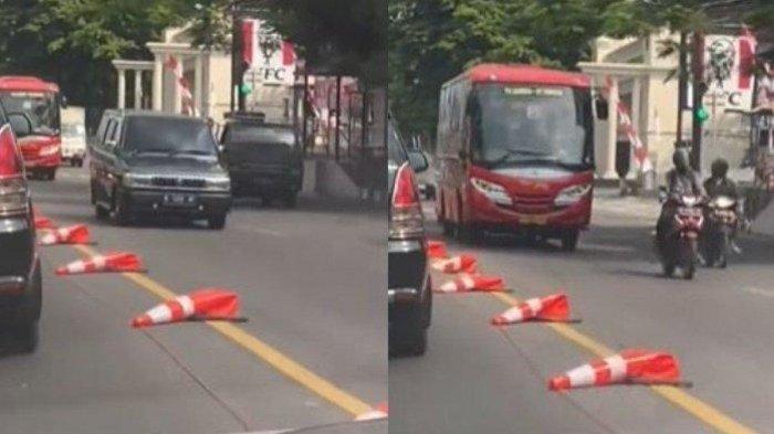 Sebuah video yang merekam jejeran traffic cone meleyot di jalanan Kota Semarang
