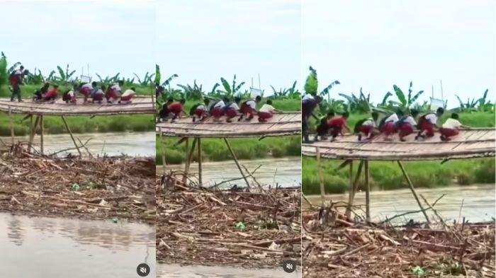 Sekelompok bocah SD bertaruh nyawa jongkok melewati jembatan miring