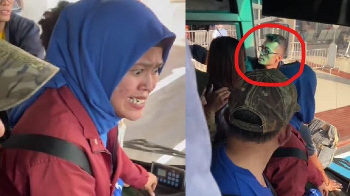 Seorang ibu-ibu gemas pada sopir bus yang tak kunjung mengusir pria aneh (lingkaran merah) dari bus