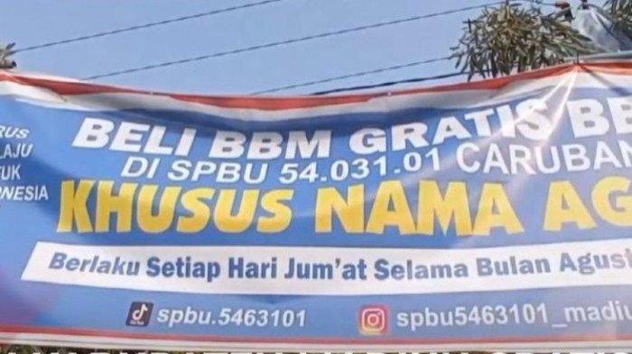 Spanduk SPBU yang memberikan BBM gratis jenis Pertamax untuk pemilik nama Agus viral di media sosial