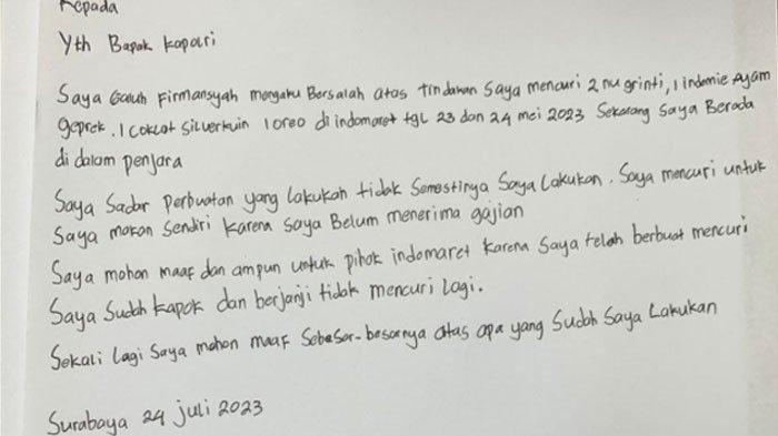Surat permohonan maaf pemuda di Surabaya yang ditahan karena mencuri di minimarket. Pelaku mengaku terpaksa mencuri karena kelaparan belum makan dua hari (ISTIMEWA)
 