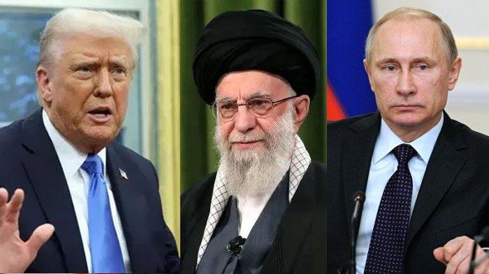 AS SERANG IRAN - Potret Donald Trump Presiden Amerika (KIRI), Pemimpin tertinggi Iran Ayatollah Ali Khamenei (TENGAH) dan Presiden Rusia Vladimir Putin (KANAN). Pengamat hubungan internasinal memprediksi pergerakan Rusia, China dan Korea Utara usai serangan Amerika ke Iran.