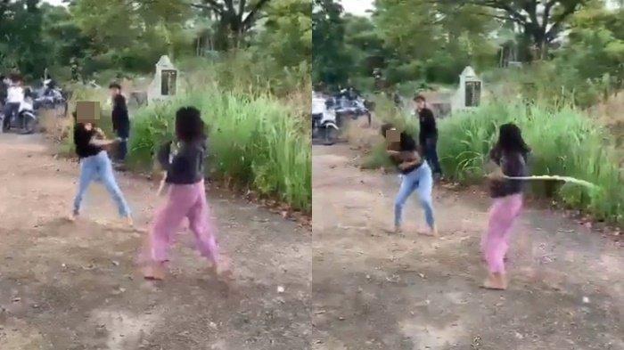 Tangkap layar rekaman video dua remaja putri duel pakai celurit 1