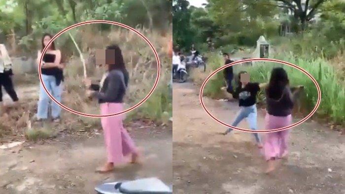 Tangkap layar rekaman video dua remaja putri duel pakai celurit