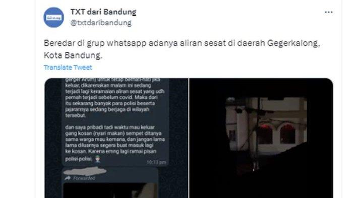 Tangkapan layar twit soal video disebut kegiatan aliran sesat di Gegerkalong, Bandung.