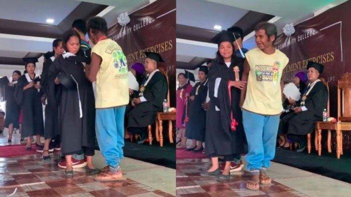 Tampak seorang ayah hadiri wisuda anaknya dengan penampilan sederhana