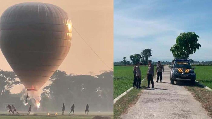 Foto tangkap layar dari video moment saat balon udara tanpa awak di Ponorogo, sesaat sebelum meledak (foto Kiri) dan Pihak Polsek Balong saat olah TKP, Senin (13/5/2024).