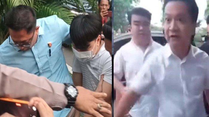 Ivan Sugianto saat digiring masuk Mapolrestabes Surabaya, Kamis (14/11/2024)  (Foto kiri) dan tampangnya saat memaksa siswa SMA Gloria 2 bersujud dan menggonggong