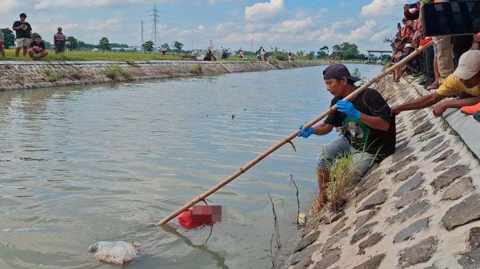 Warga setempat berusaha mengevakuasi jasad bayi, terbungkus tas merah, mengapung di Sungai Sono, Dusun Santren, Desa Tiron, Kecamatan/Kabupaten Madiun, Kamis (9/1/2025) pukul 14.30 WIB.