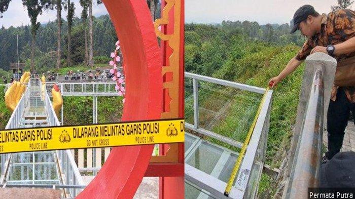 Wahana jembatan kaca Wisata Hutan Pinus Limpakuwus, Kecamatan Sumbang, Kabupaten Banyumas yang pecah dan menelan korban, Rabu (25/10/2023)
