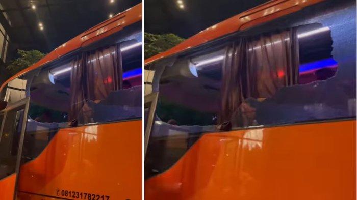 Kaca bus yang ditumpangi oleh pemain Persik Kediri pecah di bagian samping kiri depan sesuai pertandingan menghadapi Arema FC pada Minggu (11/5/2025).
