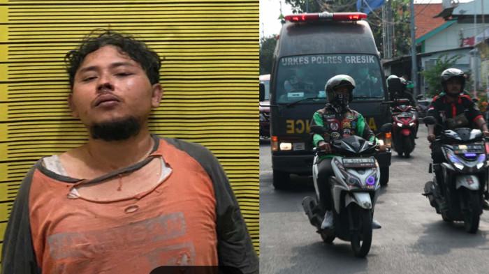 TERSANGKA PEMBUNUHAN - Tampang SR tersangka pembunuhan ojol Sevi Ayu Claudia diamankan Satreskrim Polres Gresik, Senin (28/7/2025). Dan suasana saat jenazah korban  Sevi Ayu Claudia di pemakaman Desa Pecantingan Sidoarjo, Senin (28/7/2025).