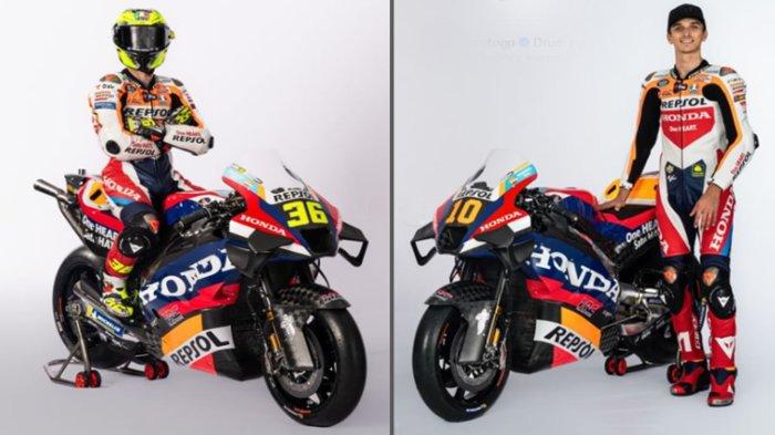 Dua pembalap Repsol Honda dengan motor dan livery baru dalam peluncuran tim untuk MotoGP 2024 di Madrid, Spanyol, Selasa (13/2/2024)