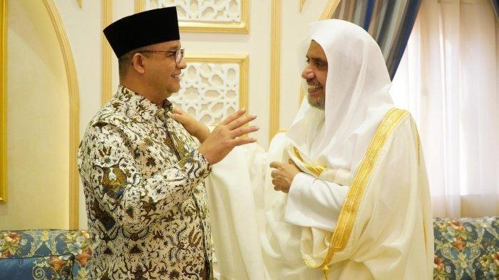 Anies Baswedan bertemu Sekretaris Jenderal (Sekjen) Rabithoh Alam Islami (Liga Muslim Dunia), Muhammad bin Abdul Karim Issa, di Sekretariat Muslim World League di Jeddah, Arab Saudi, Sabtu (1/7/2023). 