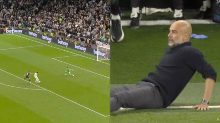 Pelatih Manchester City Joseph 'pep' Guardiola sampai terduduk saat melihat Son Heung-min berhadapan dengan kiper Manchester City, Stefan Ortega paa laga pekan ke-37 antara Manchester City dan Tottenham Hotspur. Laga dimenangkan Manchester City dengan skor 2-0.