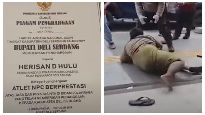 TUNANETRA DIBANTING - Pengamen Tunanetra bernama Heri Hulu dibanting petugas gabungan saat menggelar razia. Heri menolak saat akan diamankan petugas gabungan di depan Toko Roti Ganda, Jalan Sutomo, Kota Pematangsiantar, Sumatera Utara, Jumat (13/6/2025). 