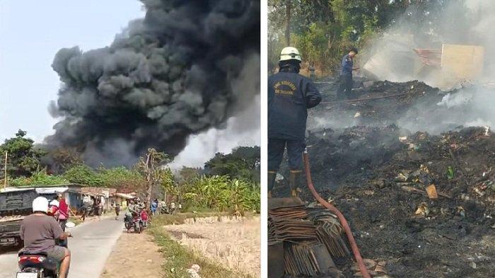 Gumpalan asap hitam mengangkasa dari lokasi kebakaran di penampungan limbah karet di Desa Wanakerta, Kecamatan Sindang Jaya, Kabupaten Tangerang, Senin (30/10/2023) siang. Peristiwa serupa terjadi di kawasan Olek Balaraja beberapa jam sebelum kebakaran di Wanakerta.