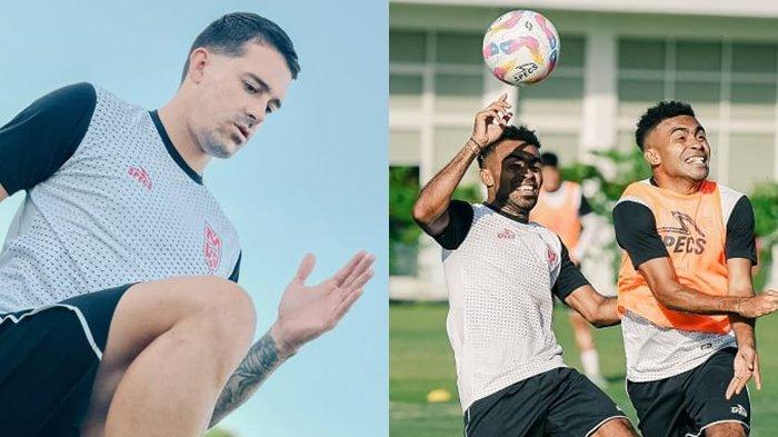 KOMPETISI: Chechu Meneses (kiri), Yance Sayuri dan Yakob Sayuri (kanan) terlihat di TC Malut UNited di Jogja jelang Super League 2025-2026