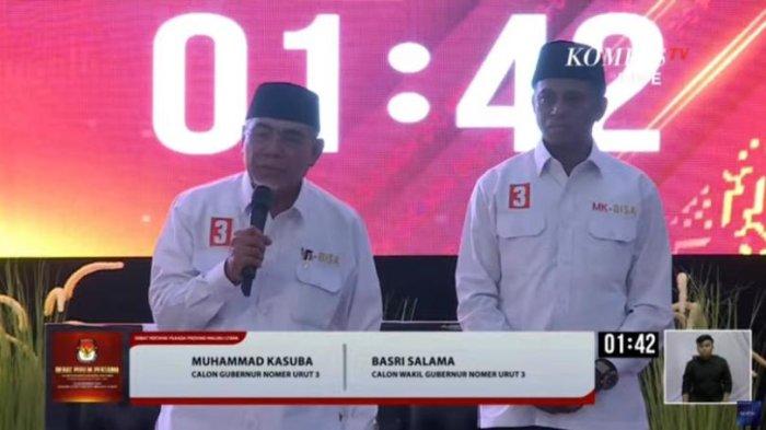 PILKADA: Paslon Gubernur dan Calon Wakil Gubernur Maluku Utara nomor urut 3 Muhammad Kasuba-Basri Salama pada debat publik pertama di Kantor DPRD Maluku Utara, Sofifi, Selasa (12/11/2024)