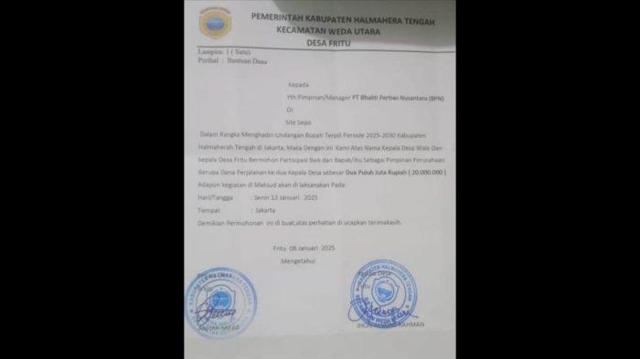 POLEMIK: Surat yang isinya Kades Wale dan Kades Fritu di Halmahera Tengah, Maluku Utara minta uang Rp 20 ke PT Bakti Pertiwi Nusantara (BPN)